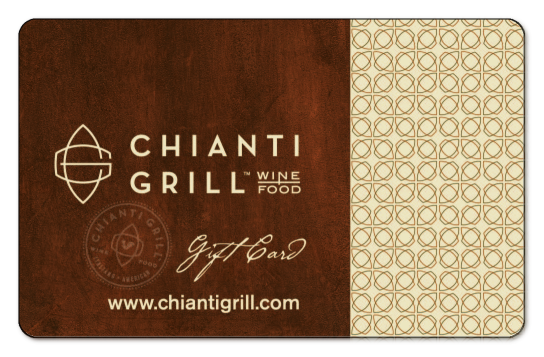 Chianti Grill logo over distressed copper background, right side features cream background and delicate brown designs